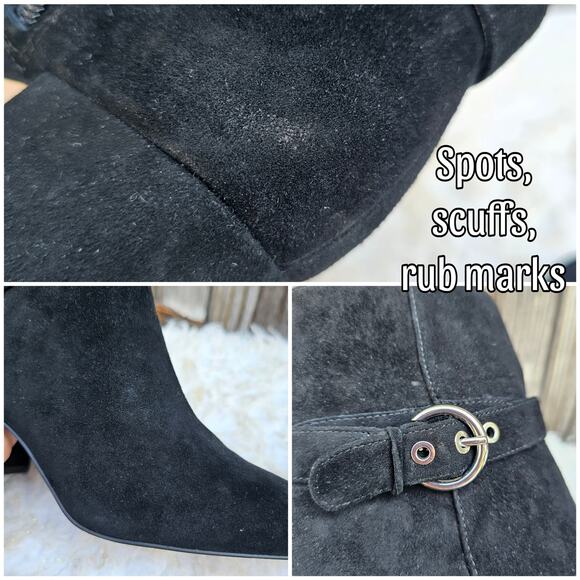 Black Suede Bootie Ann Taylor Breanna Size 6 Leather Harness Buckle Square Toe - Picture 9 of 13